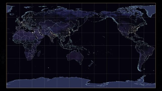 Patterson cylindrical projection world map animation. Earth's night lights, glowing borders, amber graticule lines. Rotating globe, hexagonal dark background. Seamless loop. 4K resolution. Night view.