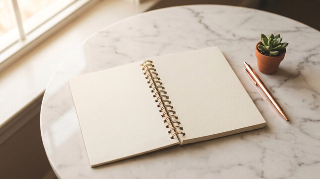 Open blank spiral bound notebook and a rose gold pen on a white marble table near a window, writing, journaling, or planning concept