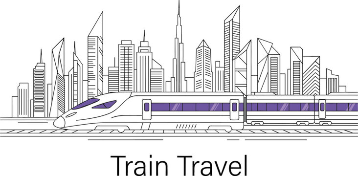Modern high speed bullet train traveling on tracks with futuristic megacity skyscraper architectural skyline background illustration