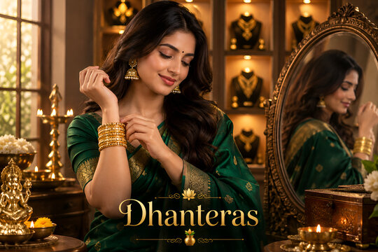 Indian Woman in Green Saree Trying Gold Bangles in Jewelry Store for Dhanteras Banner
