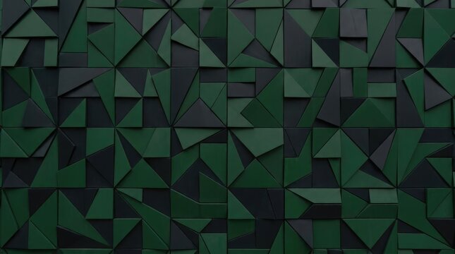 Abstract dark green and black 3D geometric polygon wall