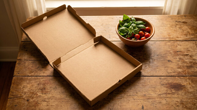 open empty cardboard pizza box and bowl of fresh salad with cherry tomatoes on rustic wooden table near window, natural light
