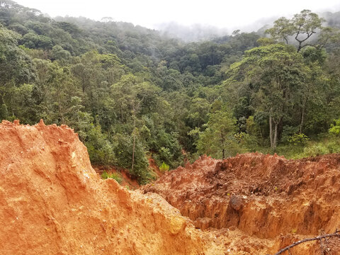 Deforestation and land erosion with exposed red clay soil on mountain slope