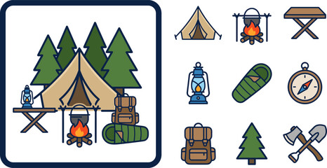 Fototapeta premium Flat design vector icon set for wilderness camping and outdoor adventure, featuring tents, campfire, sleeping bag, compass, and tools.