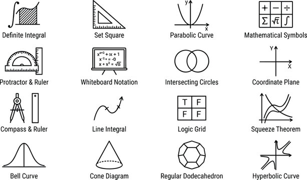 Mathematics geometry and advanced calculus thin line icons collection featuring algebraic equations charts shapes and educational diagrams