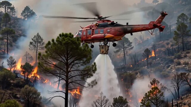Red firefighting helicopter dropping water on a burning pine forest to suppress a massive wildfire causing thick smoke and environmental damage