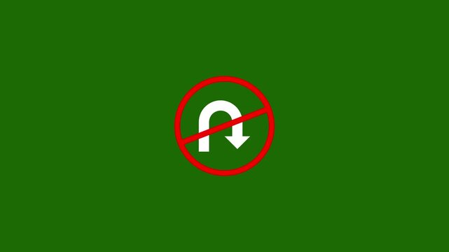 No u-turn traffic sign animation on green screen background, uturn