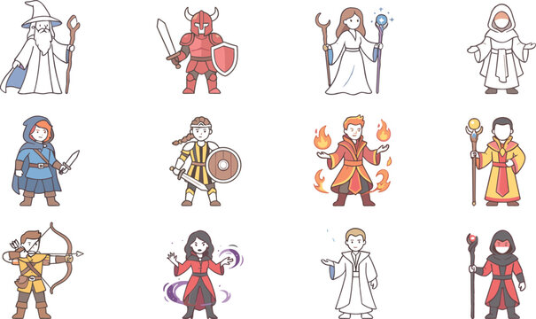Fantasy RPG class characters collection featuring wizard knight mage rogue warrior archer sorcerer and mythical game heroes