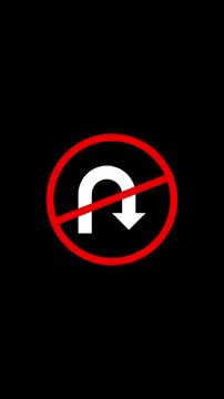 No u-turn traffic sign symbol animation on black background, uturn