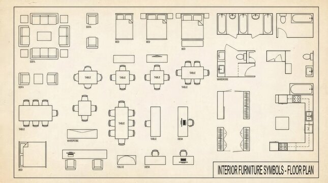 Architectural interior furniture symbols for residential floor plans