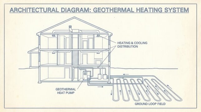 Architectural diagram of residential geothermal heating and cooling system