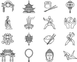 Fototapeta premium Asian cultural heritage and traditional oriental symbols thin line icons collection featuring buddha pagoda martial arts sushi and lanterns