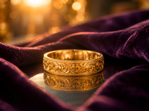 Ornate Engraved Gold Bangle on Purple Velvet with Warm Bokeh Lighting
