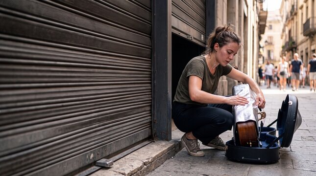 Street Musician's Serenade: A young woman, a busker, kneels on a cobblestone street, carefully packing her cello into its case after a performance.