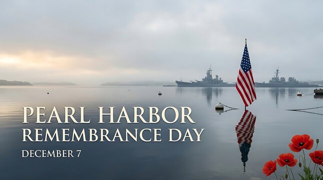 American flag reflecting in water with warships for remembrance day