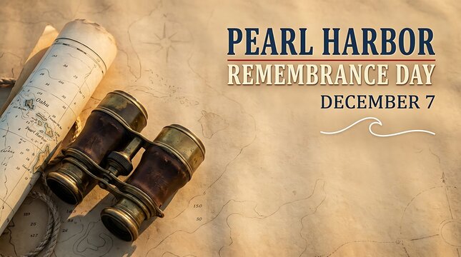 Pearl harbor remembrance day banner with vintage binoculars and old map