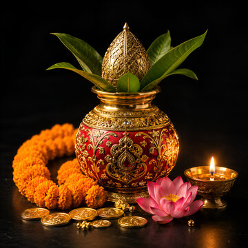 Auspicious Kalash with Gold Coconut, Mango Leaves, Diya, and Coins for Pooja

