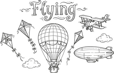 Flying element doodle vector illustration set with hot air balloon kites biplane blimp clouds coloring book page © Bappi