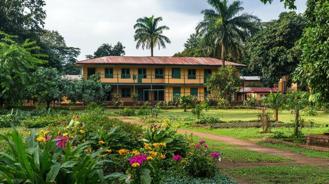 An outdoor view of an African orphanage building surrounded by lush greenery and colorful gardens.