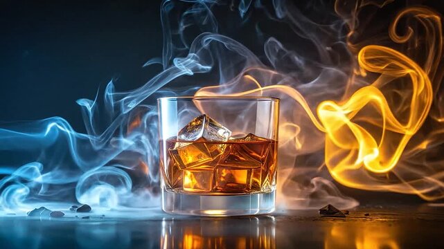 Whiskey glass with blue smoke and orange flames.