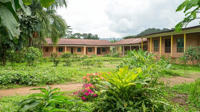 An outdoor view of an African orphanage building surrounded by lush greenery and colorful gardens.