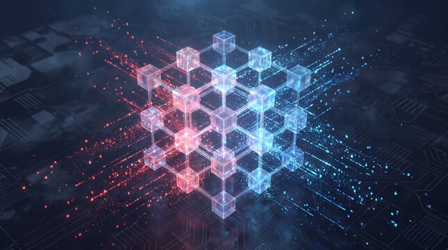 Abstract digital cube structure dissolving into particles over a dark circuit board background with blocks disintegrates colorful glowing geometric cube light particles above made smaller blocks