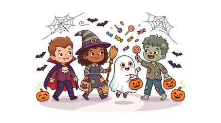 Naklejka premium Children in Halloween Costumes Trick-or-Treating with Candy