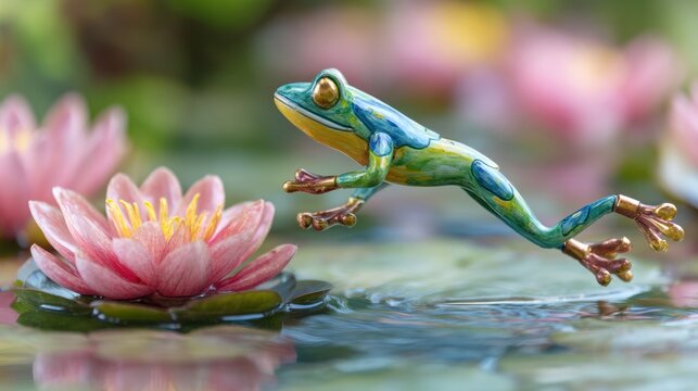 Artistic leaping frog on lily pad