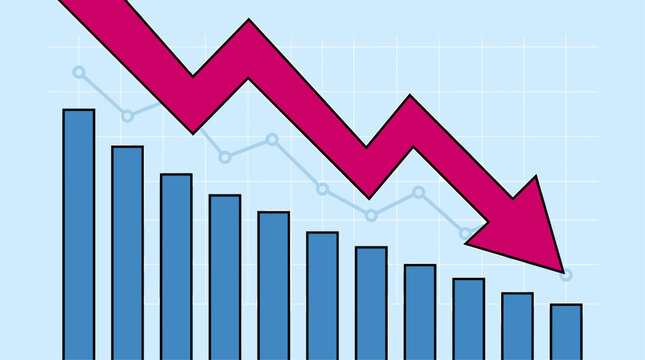 Financial Crisis and Stock Market Crash Illustration Featuring a Large Red Downward Arrow and Declining Blue Bar Chart Representing Economic Recession, Global Inflation, and Business Failure
