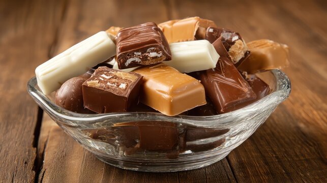 Assorted candy bars in a bowl