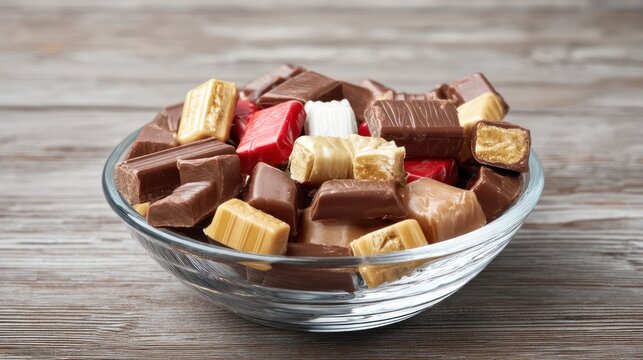 Assorted candy bars in a bowl