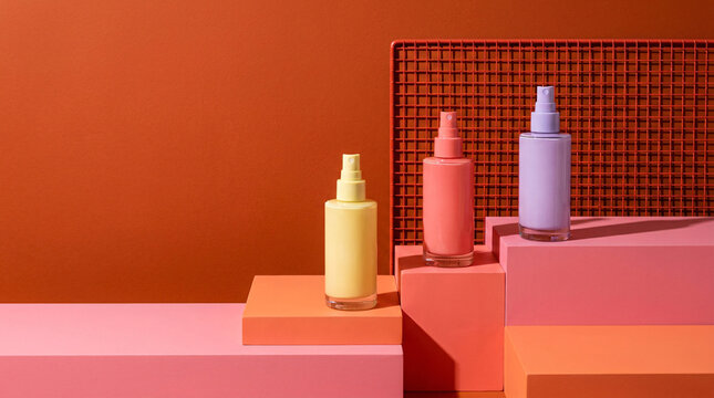 Three cosmetic spray bottles in pastel yellow, coral, and lavender hues arranged on geometric blocks, warm terracotta backdrop, modern beauty product display