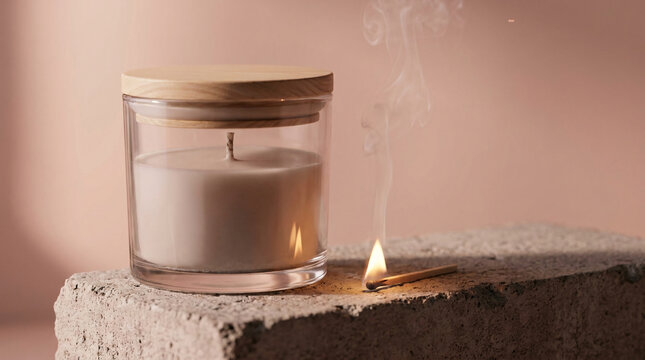 Unlit scented candle in a glass jar with wooden lid, next to a burning matchstick and smoke, on a concrete block against a soft pink background, atmospheric cozy moment
