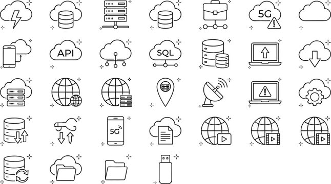 Cloud computing data hosting database server storage and global network infrastructure thin line icons collection for web developers