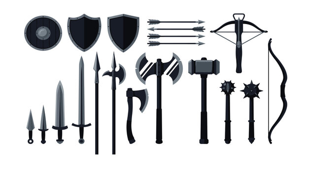 Medieval weapon vector set including black shield sword axe spear mace bow crossbow dagger and hammer icons for game assets
