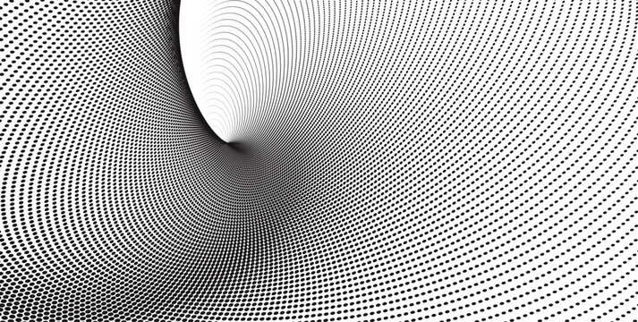 Abstract geometric dynamic wave pattern with halftone dot texture, fluid line flow, and twisted vintage grunge effect for modern electronic design and music cover illustration.