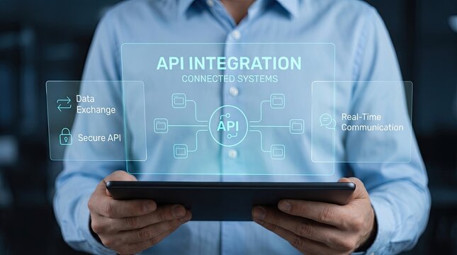 A business person holding a tablet showing a digital holographic interface representing api integration and software development concepts
