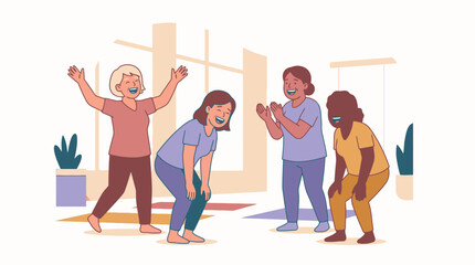 Obraz premium Group of diverse women laughing together during indoor fitness class illustration. EPS Editable