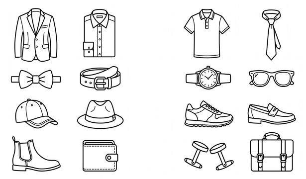 Men's Fashion Clothing and Accessories Outline Icon Set Vector