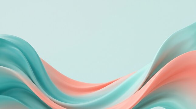 Minimal soft 3D plastic flowing wave background in teal, aqua and soft coral with generous copy space