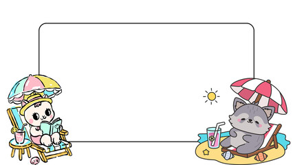 Fototapeta premium Kawaii summer beach frame with cute animals, cartoon cat and bunny on vacation, tropical holiday border for kids