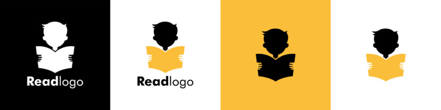 Child Reading Book Smart Education Logo Illustration Vector. Reader Logo with People and Book Opening Logo Design. Kids, Children, Read, Symbol, Book, Literacy, Smart, School Logo Template.