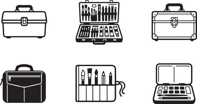 Art supply cases and creative tool kits icon set for design and professional artists