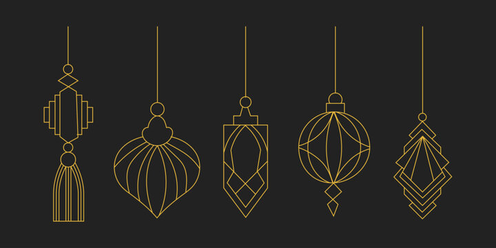 Art Deco decorative elements set. Vector gold geometric frames, borders, corners, floral ornaments and vintage line decorations on black background for luxury invitations and branding