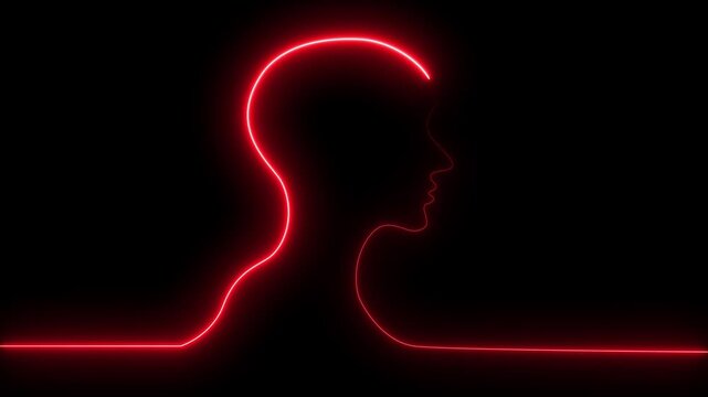 Neon glowing man head icon animated. Neon light people icon, thinking, confused sign. 4k alpha channel