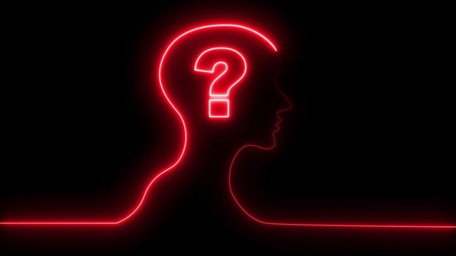 Neon glowing ask sign animation. thinking, confused sign symbol, Motion Graphic for FAQ and Help Concept, Glowing neon line human head with question mark icon 