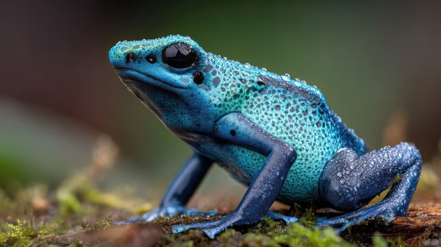 Bright blue poison dart frog in rainforest