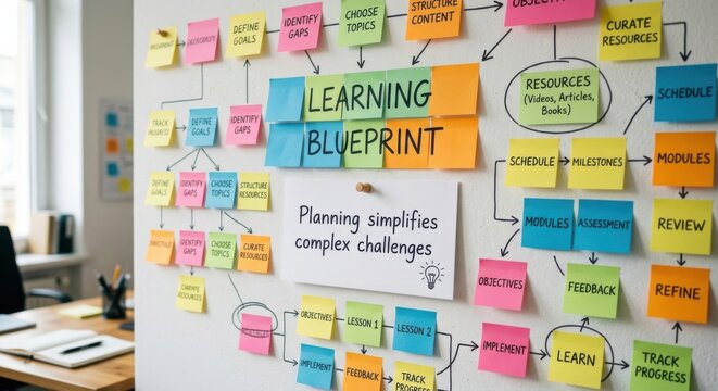 Learning Blueprint on a Whiteboard with Sticky Notes Detailing Strategy and Planning