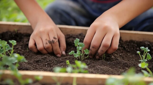 Children eagerly planting seeds in a small garden bed.