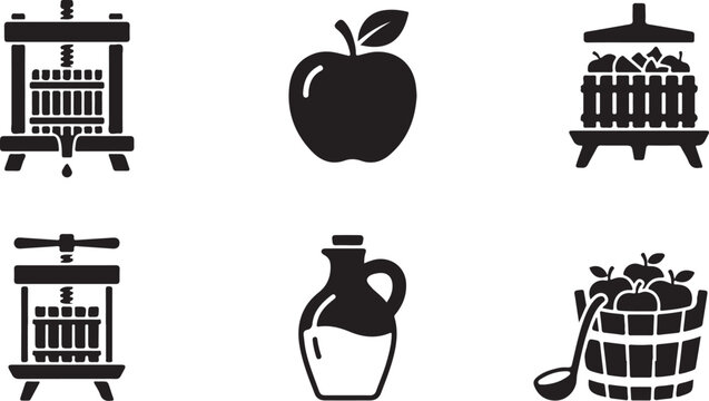 Cider press and apple harvest vector icons for juice production and organic farming design.